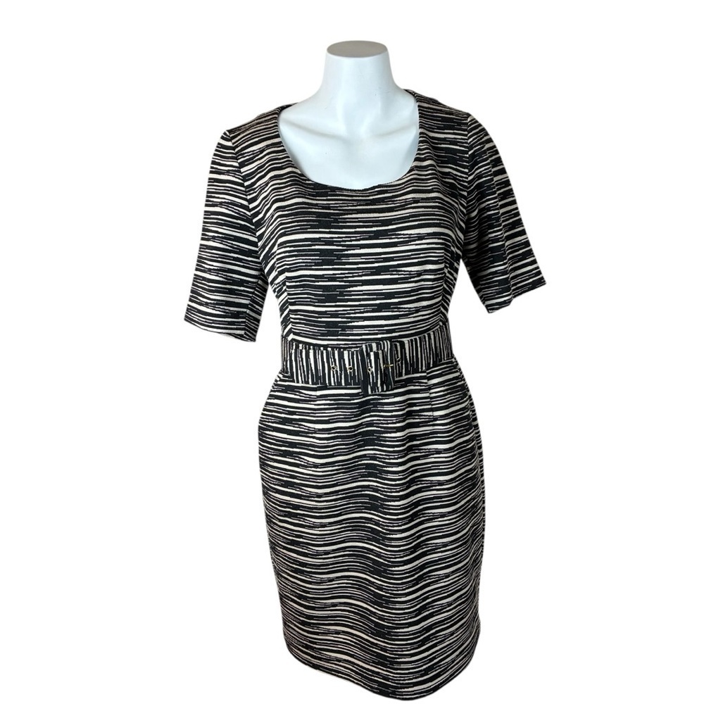Trina Turk Black/Tan Striped Belted Short Sleeve Dress- Sz 8